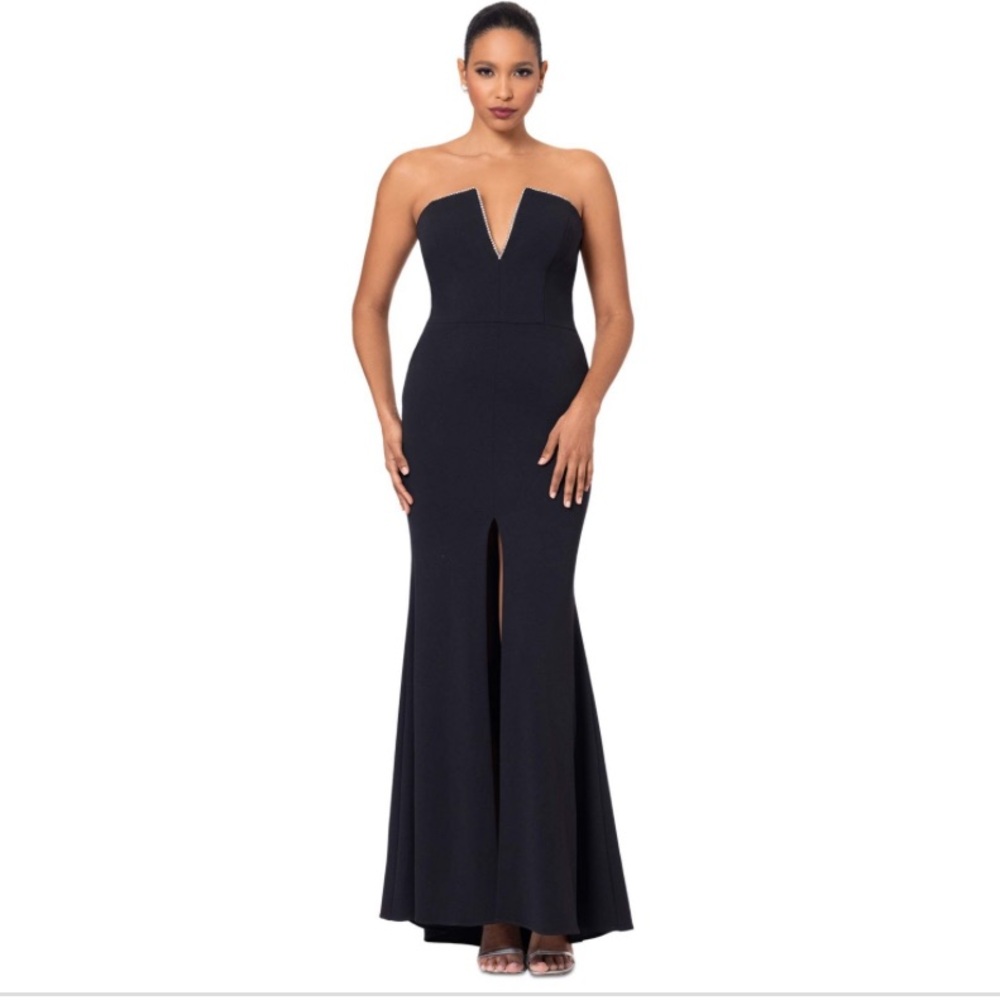 NWT Betsy & Adam Petite Rhinestone-Trim
Strapless Gown - Black